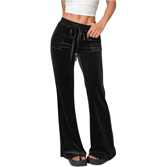 Women's Velvet Drawstring Waist Bell Bottom Flare Leg Long Pants with Pockets, Velvet Pants Women, Velvet Flare Pants, Velvet Flare Pants For Women, Shaggy Pants, Women's Velvet Pants