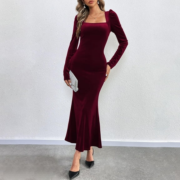 Women‘s Velvet Dress Long Sleeve Square Neck Bodycon Wrap Dress Evening Party Wedding Guest Formal Long Dresses Knit Sweater Dress Mini Sweater Dress for Women Sexy Long Pullover Sweater Dress Tall