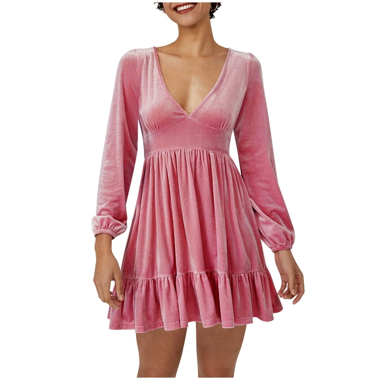 Women's Velvet Dress V Neck Long Sleeve Velour Mini Dress Cocktail Club  Party Swing Dresses - Walmart.com