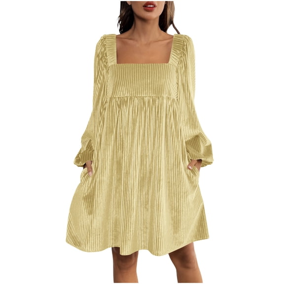 Women's Velvet Dress with Pockets Square Neck Long Sleeve Tie Back Mini Babydoll Dress Christmas Party Outfits (2XL, Beige)