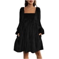 thumbnail image 1 of Women's Velvet Dress with Pockets Square Neck Long Sleeve Tie Back Mini Babydoll Dress Christmas Party Outfits (S, Black), 1 of 7