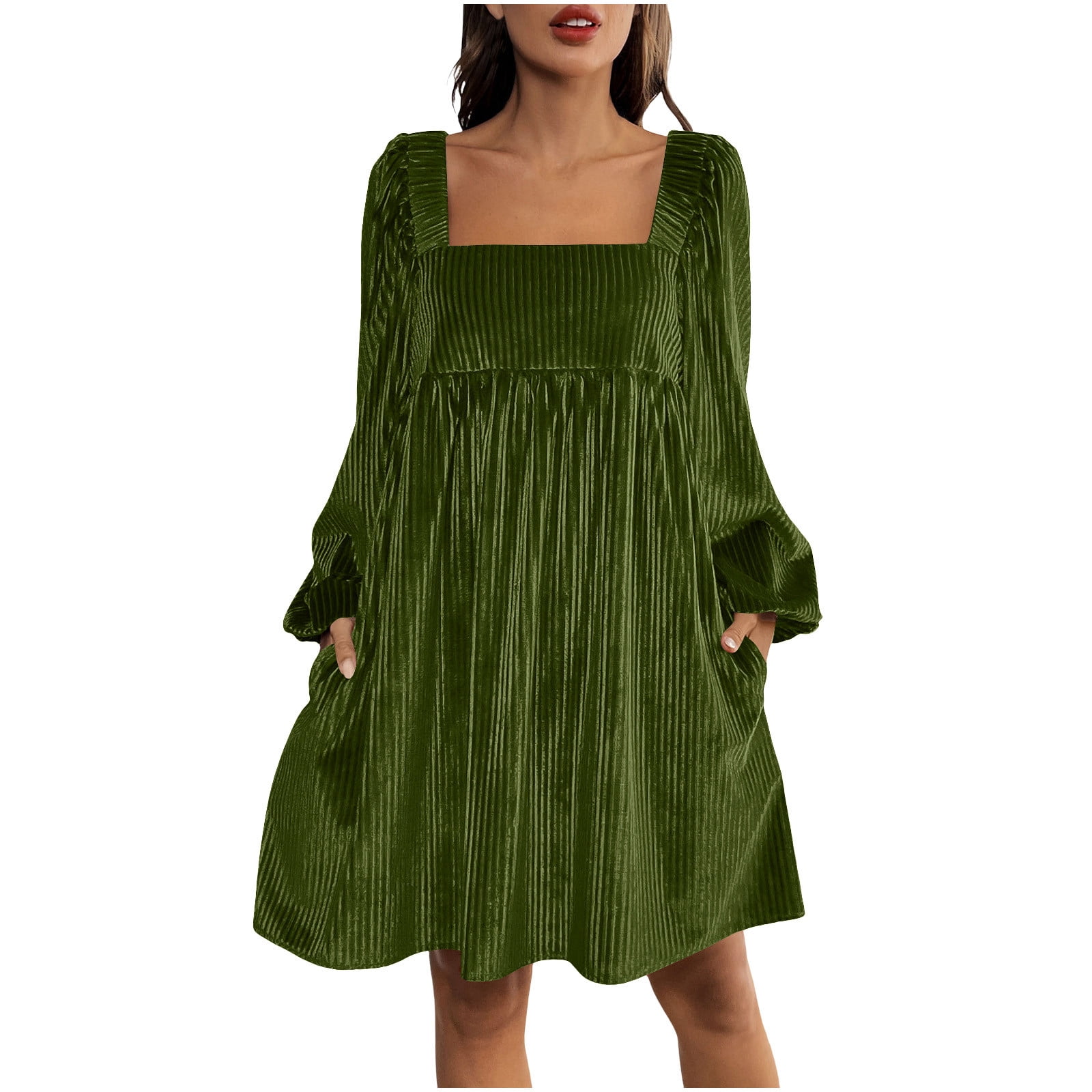 green babydoll dress women AKOEE Women's Velvet with Pockets Square Neck Long Sleeve Tie Back Mini Dress Christmas Party Outfits (xl, Mint Green) transparent babydoll dress