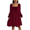 thumbnail image 1 of Women's Velvet Dress with Pockets Square Neck Long Sleeve Tie Back Mini Babydoll Dress Christmas Party Outfits (XL, Wine), 1 of 7