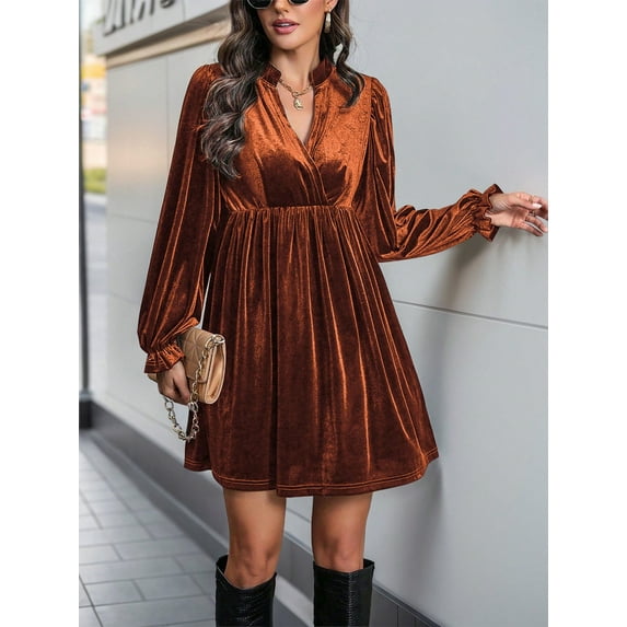Women's Velvet Dress with V-Neck and Long Sleeves - Small, Brown