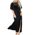 thumbnail image 1 of Women's Velvet Dresses Round Neck Bell Sleeve T-Shirt Dress High Split Elastic Waist Solid Dressy Dress Cocktail Party Wedding Midi Dress Black,S, 1 of 6
