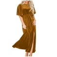 thumbnail image 1 of Women's Velvet Dresses Round Neck Bell Sleeve T-Shirt Dress High Split Elastic Waist Solid Dressy Dress Cocktail Party Wedding Midi Dress Gold,S, 1 of 6
