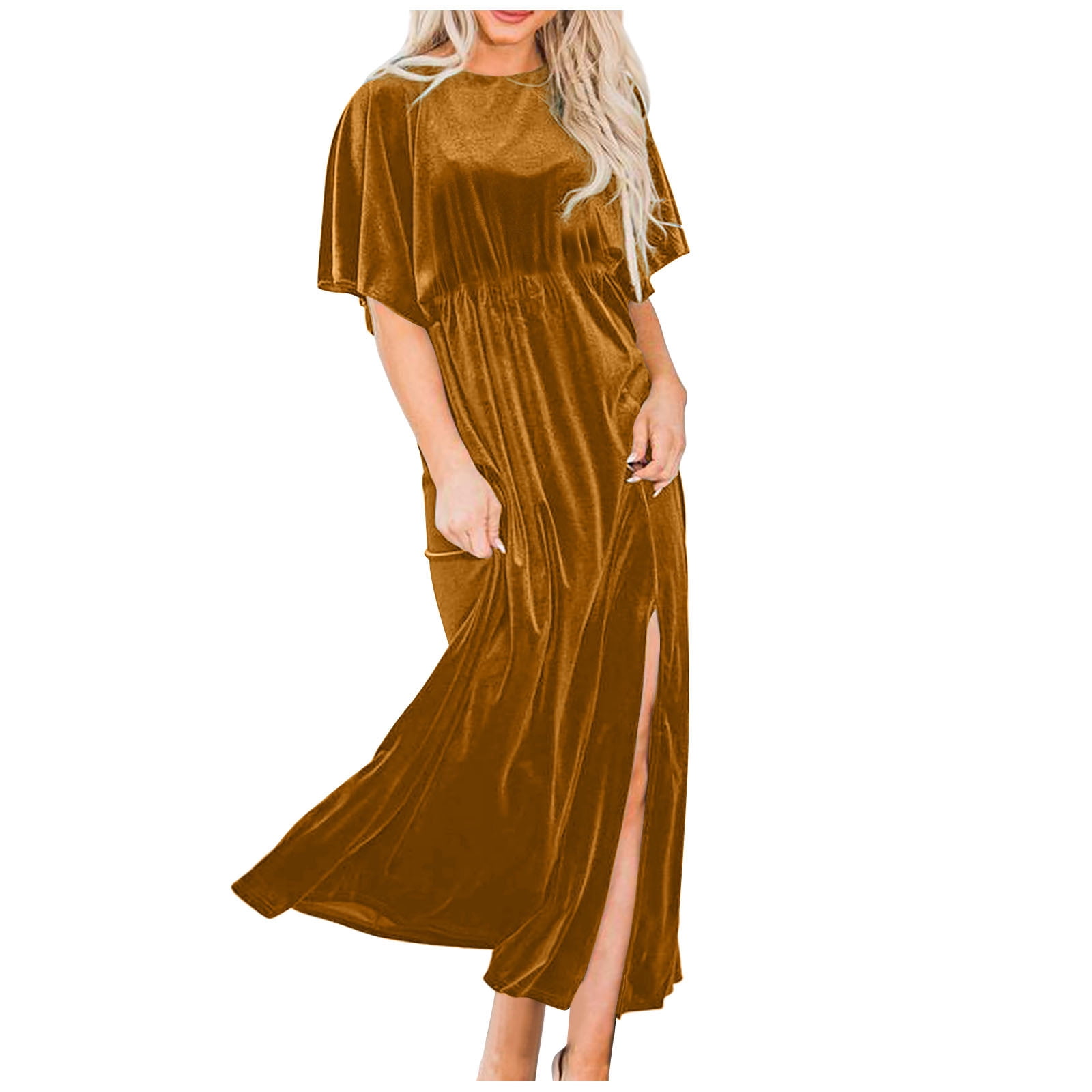 Women's Velvet Dresses Round Neck Bell Sleeve T-Shirt Dress High Split Elastic Waist Solid Dressy Dress Cocktail Party Wedding Midi Dress Gold,XL