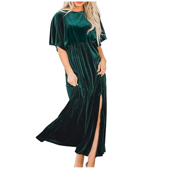 Women's Velvet Dresses Round Neck Bell Sleeve T-Shirt Dress High Split Elastic Waist Solid Dressy Dress Cocktail Party Wedding Midi Dress Green,S