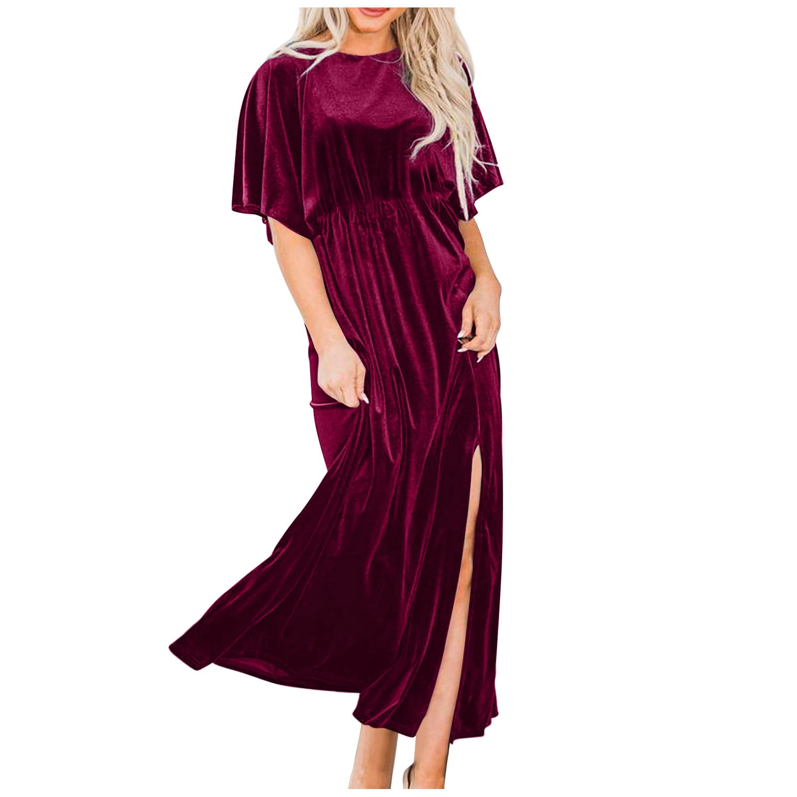 Women's Velvet Dresses Round Neck Bell Sleeve T-Shirt Dress High Split Elastic Waist Solid Dressy Dress Cocktail Party Wedding Midi Dress Wine,XL