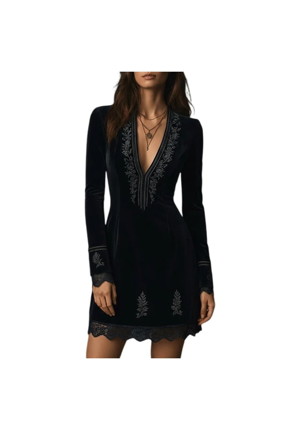 Women's Velvet Embroidered Floral Dress V Neck Long Sleeve Lace Hem Cocktail Party Club Mini Dresses Black S
