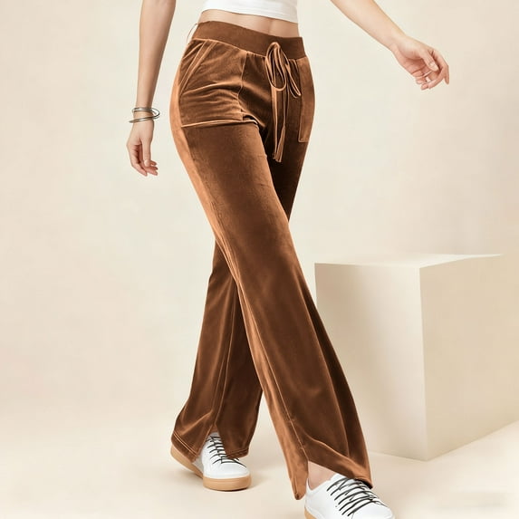 Women's Velvet Flare Pants, High Waist Drawstring Wide Leg Pants, Soft Casual Lounge Pants with Side Pockets for Daily Wear, Loungewear and Relaxed Outfits Coffee M