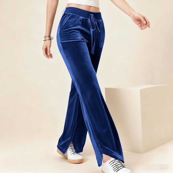 Women's Velvet Flare Pants, High Waist Drawstring Wide Leg Pants, Soft Casual Lounge Pants with Side Pockets for Daily Wear, Loungewear and Relaxed Outfits Dark Blue L