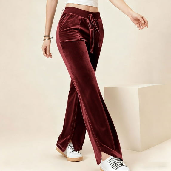 Women's Velvet Flare Pants, High Waist Drawstring Wide Leg Pants, Soft Casual Lounge Pants with Side Pockets for Daily Wear, Loungewear and Relaxed Outfits Wine M