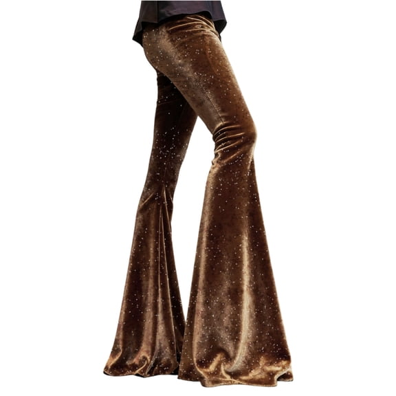 Women's Velvet Flare Pants Spring Casual Comforty Soft Pants Woman Elegant High Waist Slim Flared Pants New Autumn Diamonds Shiny Long Trousers
