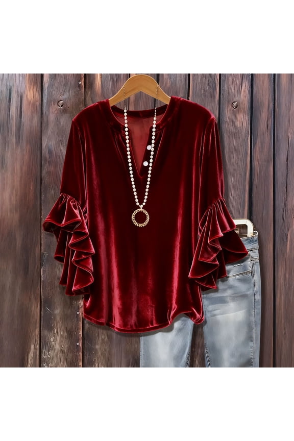Women's Velvet Flare Sleeve Top, V Neck Button Detail Three Quarter Sleeve Blouse, Luxe Pullover for Evening or Holiday Events, Wine - M