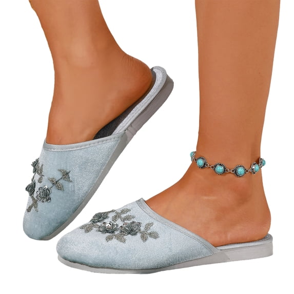Women's Velvet Floral Embroidered Closed Toe House Slippers Slip On Soft Anti-Slip Indoor Bedroom Home Slides, 36