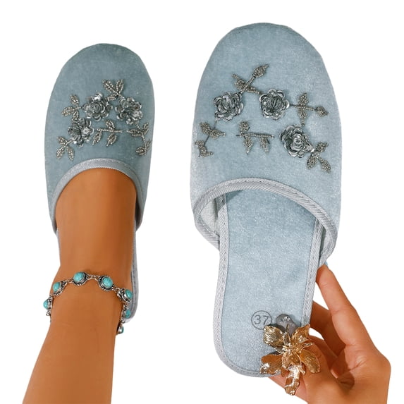 Women's Velvet Floral Embroidered Closed Toe House Slippers Slip On Soft Anti-Slip Indoor Bedroom Home Slides, 39