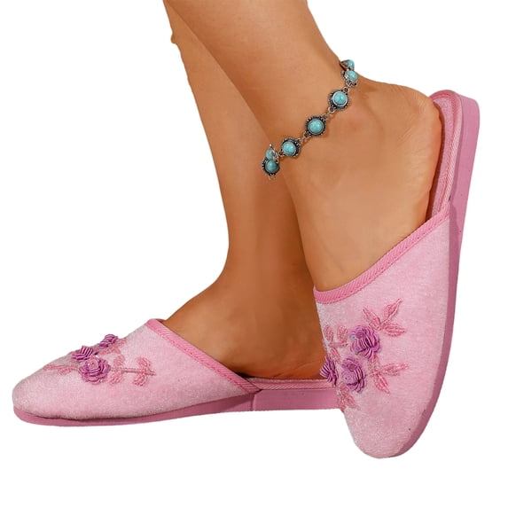 Women's Velvet Floral Embroidered Closed Toe House Slippers Slip On Soft Anti-Slip Indoor Bedroom Home Slides, 41