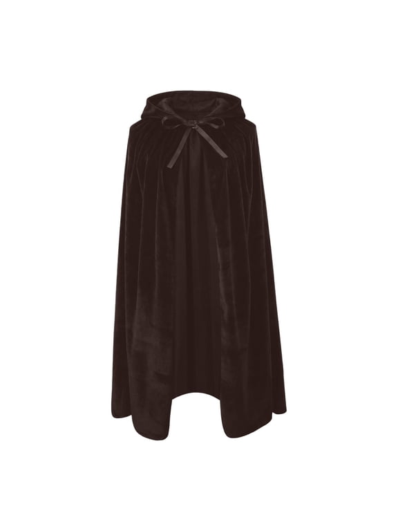 Women's Velvet Hooded Long Cape With Gathered Neck And Front Satin Bow Tie For Halloween Party And Themed Events Coffee M