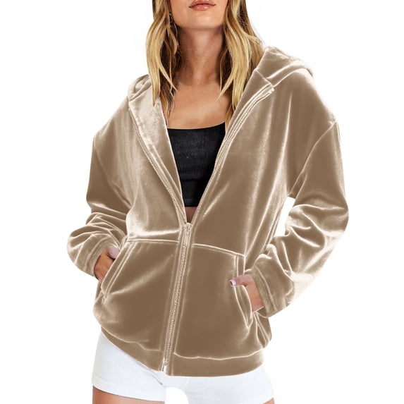 Women's Velvet Hoodie Jackets with Pockets Full Zip Loose Casual Fashion Hooded Sweatshirt Fall Zipper Outerwear (M, Beige)
