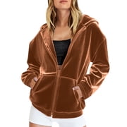 Womens Velvet Hoodie Jackets with Pockets Full Zip Loose Casual Fashion Hooded Sweatshirt Fall Zipper Outerwear XL, Coffee