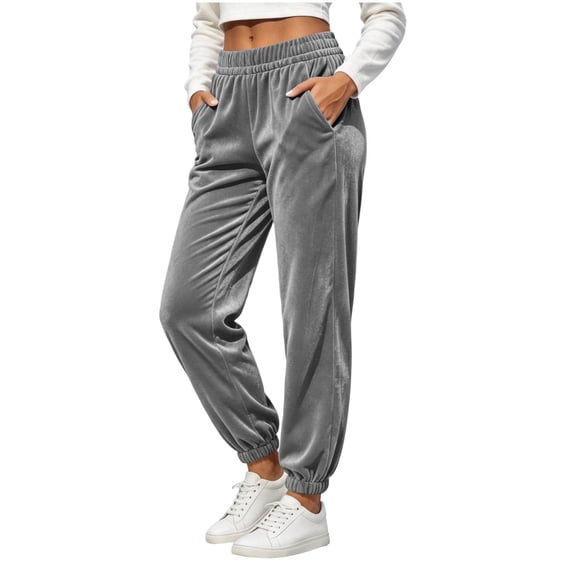 Women's Velvet Jogger Pants Elastic High Waist Casual Soft Velour Sweatpants with Pockets Fall Winter Daily Party Pants Fashion Bottoms Gray