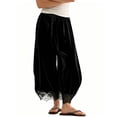 thumbnail image 1 of Women's Velvet Lace-Hem Wide Leg Pants Drawstring Waist Casual Trousers with Pockets, 1 of 7