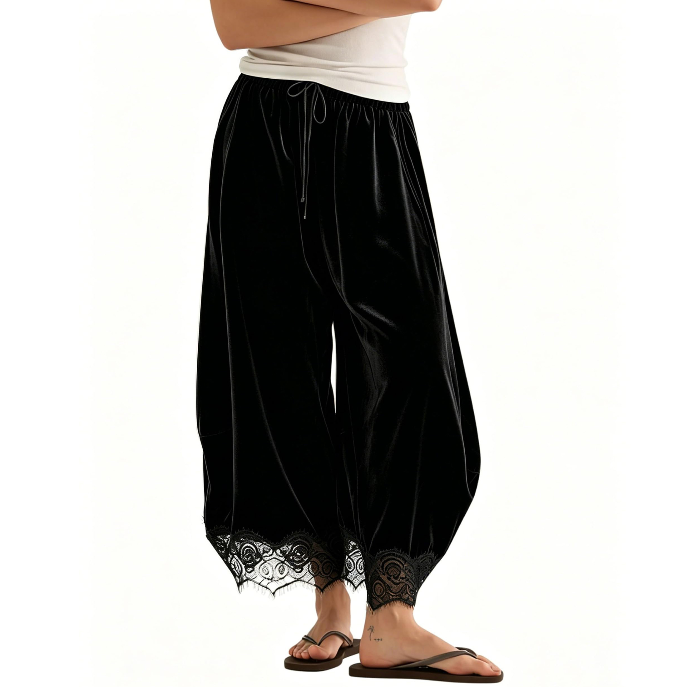 Women's Velvet Lace-Hem Wide Leg Pants Drawstring Waist Casual Trousers with Pockets
