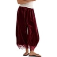 thumbnail image 1 of Women's Velvet Lace-Hem Wide Leg Pants Drawstring Waist Casual Trousers with Pockets, 1 of 7