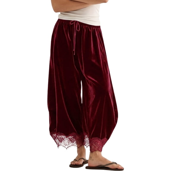 Women's Velvet Lace-Hem Wide Leg Pants Drawstring Waist Casual Trousers with Pockets