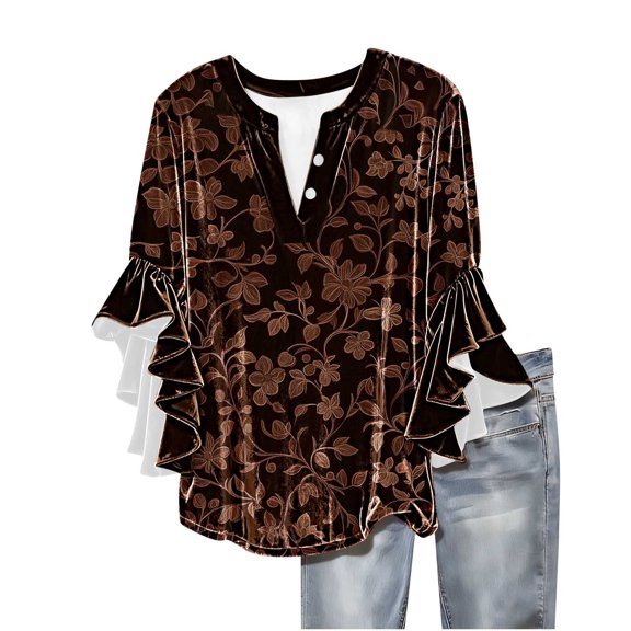 Women's Velvet Lace Three-Quarter Sleeve V-Neck Button Casual Printed Fashion Top Vibrant Print Patterns Luxurious Texture Stylish Look