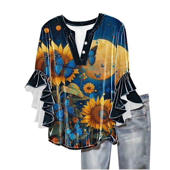 Women's Velvet Lace Three-Quarter Sleeve V-Neck Button Casual Printed Fashion Top Vibrant Print Patterns Luxurious Texture Stylish Look