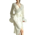 thumbnail image 1 of Women's Velvet Long Robe Fur Nightgown Bathrobe Sleepwear Feather Bridal Wedding Party Robes with Belt, 1 of 5