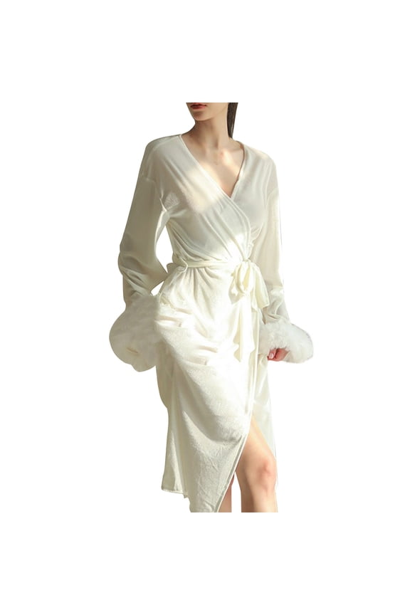 Women's Velvet Long Robe Fur Nightgown Bathrobe Sleepwear Feather Bridal Wedding Party Robes with Belt