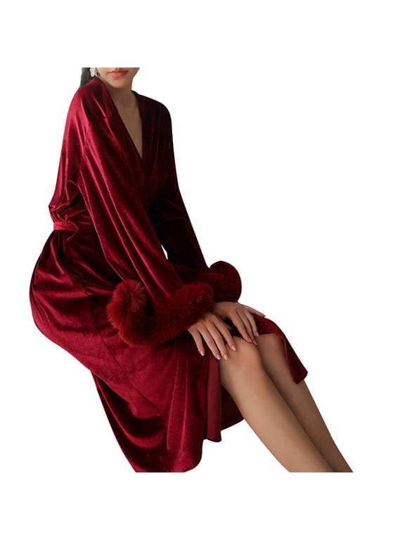 Women's Velvet Long Robe Fur Nightgown Bathrobe Sleepwear Feather Bridal Wedding Party Robes with Belt
