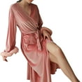 thumbnail image 1 of Women's Velvet Long Robe Fur Nightgown Bathrobe Sleepwear Feather Bridal Wedding Party Robes with Belt, 1 of 3
