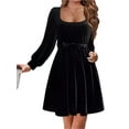 thumbnail image 1 of Women's Velvet Long Sleeve A Line Dress with Belted Silhouette Ninety Two Percent Polyester and Eight Percent Spandex, 1 of 4