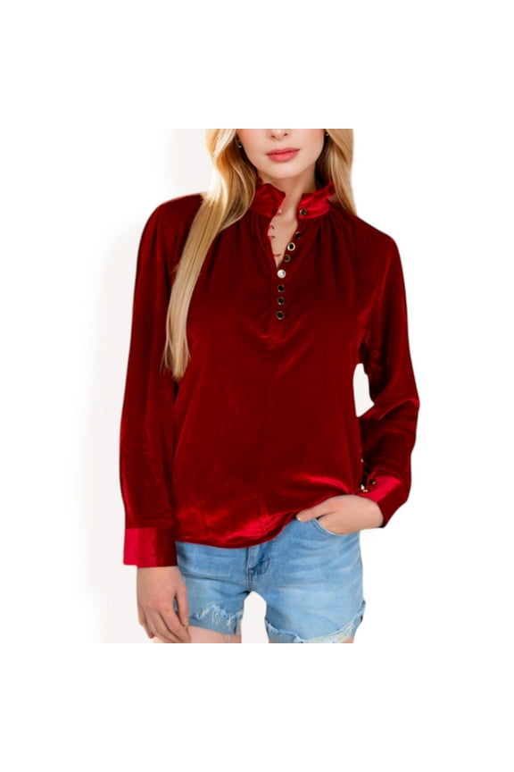 Women's Velvet Long Sleeve Blouse with Ruffled Collar and Button Detail - X Large, Burgundy