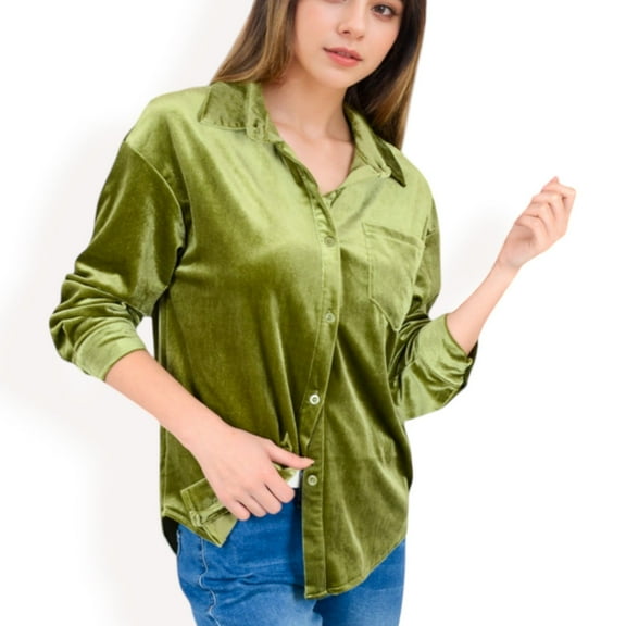 Women's Velvet Long Sleeve Button-Up Shirt with Chest Pocket and Collared Neck - X Large, Olive Green