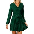 thumbnail image 1 of Women's Velvet Long Sleeve Dress With V-Neck & Adjustable Waist Belt Elegant Casual Formal Outfits 2025 Trendy Flattering Cut Soft Fabric Party Wear, 1 of 9