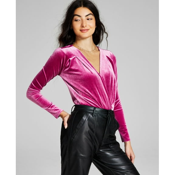 Women's Velvet Long-Sleeve Surplice Bodysuit Raspberry Radiance XS