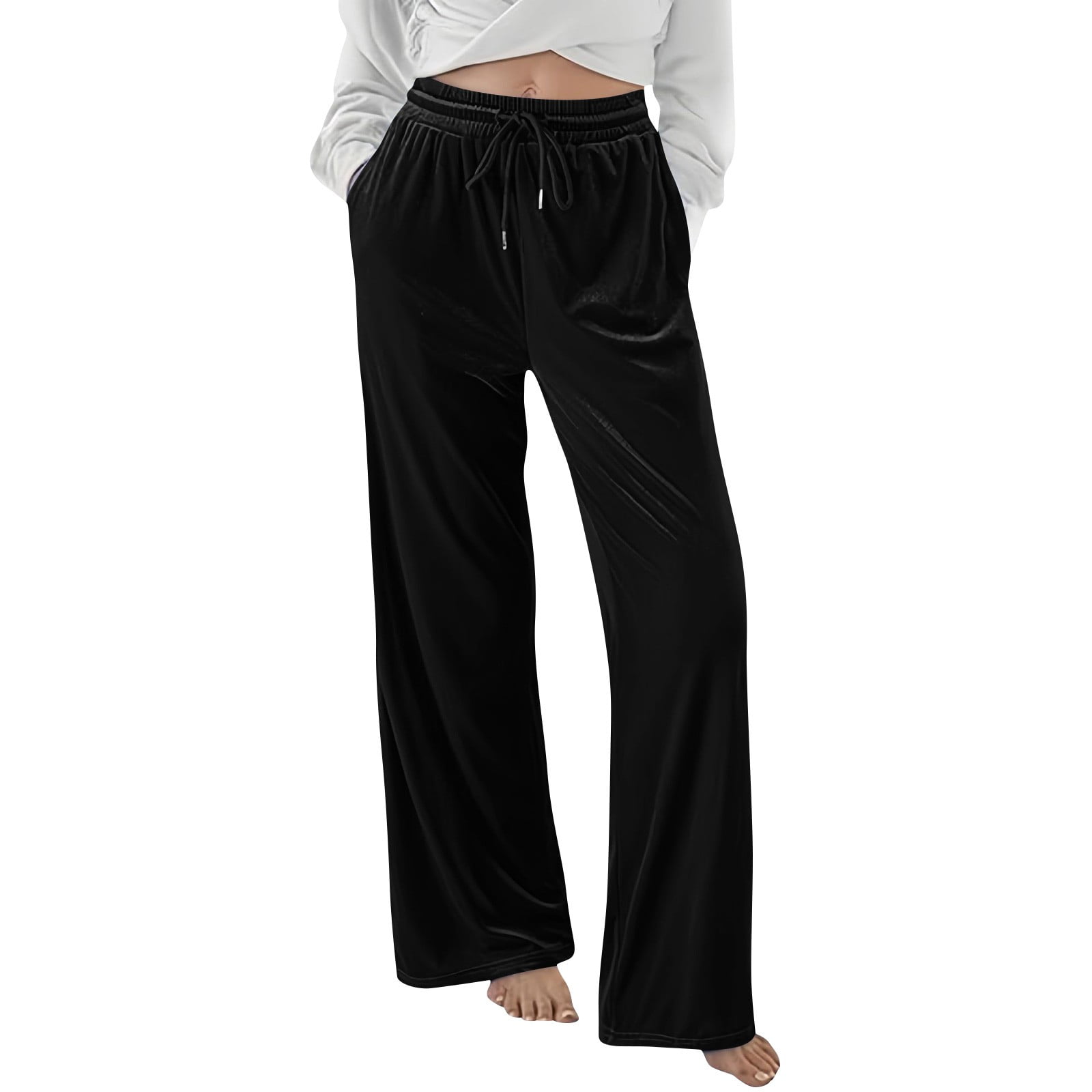 Women s Velvet Lounge Pants High Waist Drawstring Wide Leg Comfortable Casual Pajama Bottoms Walmart