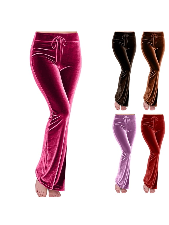 Women's Velvet Lounge Pants Velour Flare Pants High Waisted Sweatpants Casual Cozy Soft PJ Bottoms Drawstring Warm Sleepwear for Sleep Daily Wear in Fall, Hot Pink, S