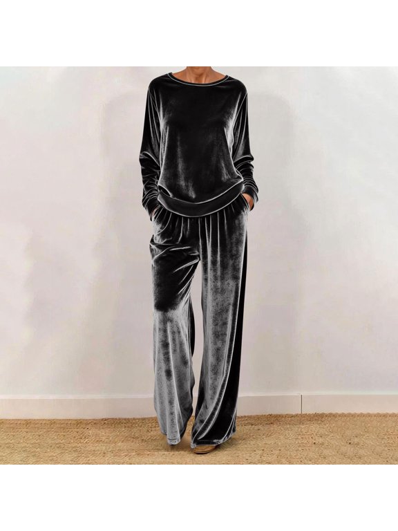 Women's Velvet Lounge Suit Casual Loose-fitting Round Neck Pullover Long-sleeved Trousers Velvet Suit Cozy Soft Warm Two-Piece for Women