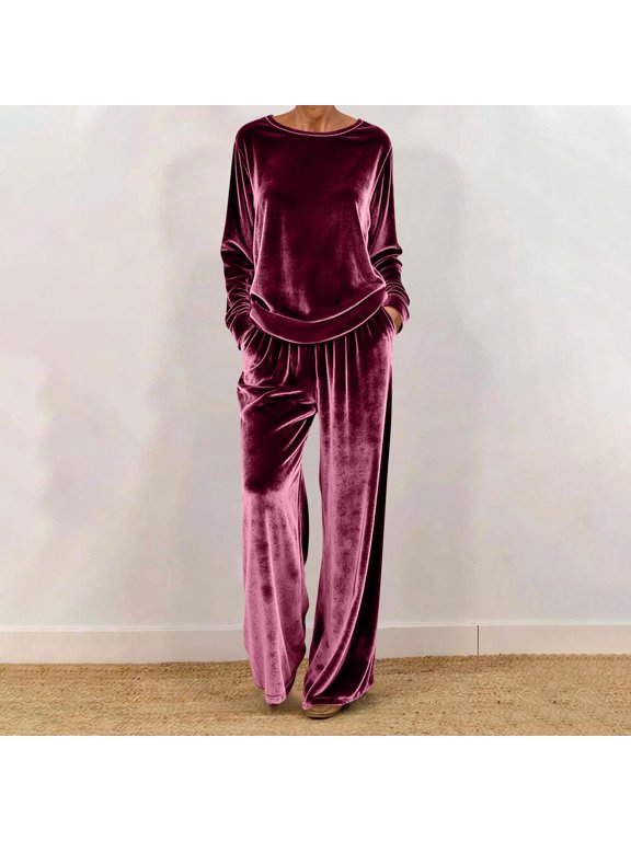 Women's Velvet Lounge Suit Casual Loose-fitting Round Neck Pullover Long-sleeved Trousers Velvet Suit Cozy Soft Warm Two-Piece for Women