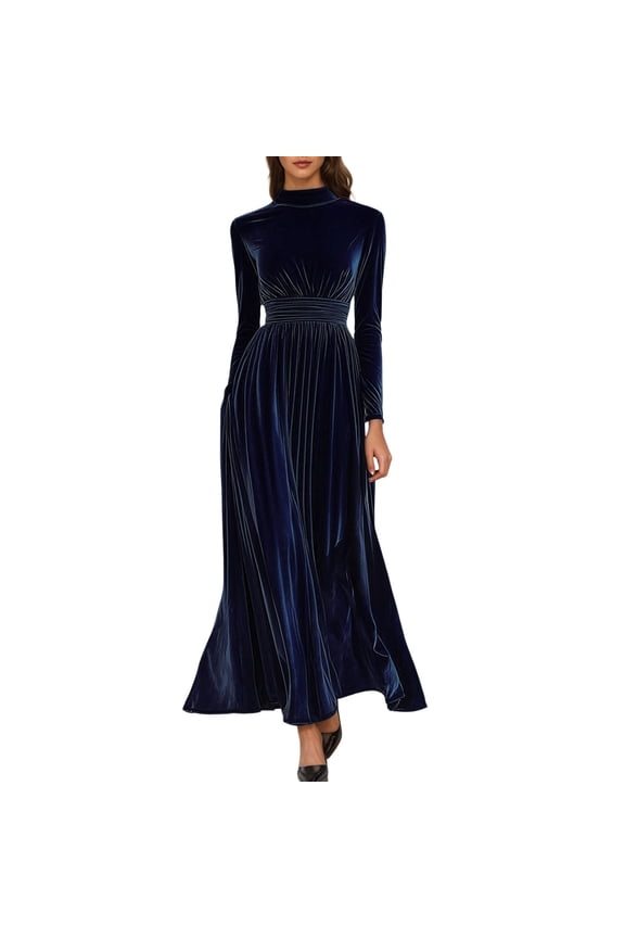 Women's Velvet Maxi Dress Long Puff Sleeve Crew Neck Elastic High Waist Cocktail Party Bridesmaid Dresses For Casual Everyday Wear