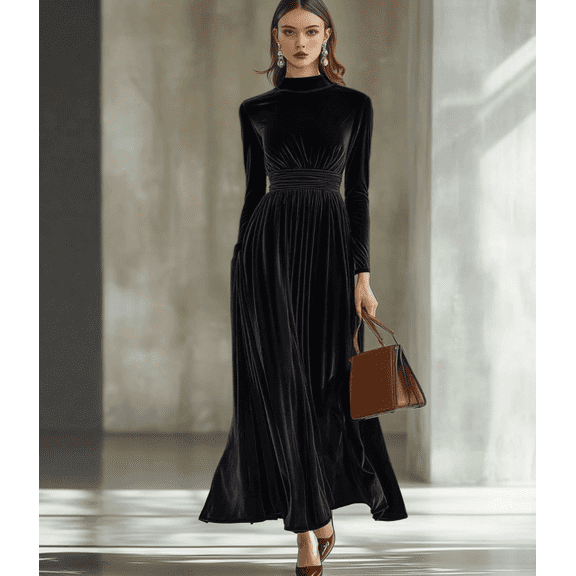 Women's Velvet Mock Neck Long Sleeve Maxi Dress Ruched Waist Pleated Hem Fall Vintage High Waist Wedding Guest Dresses