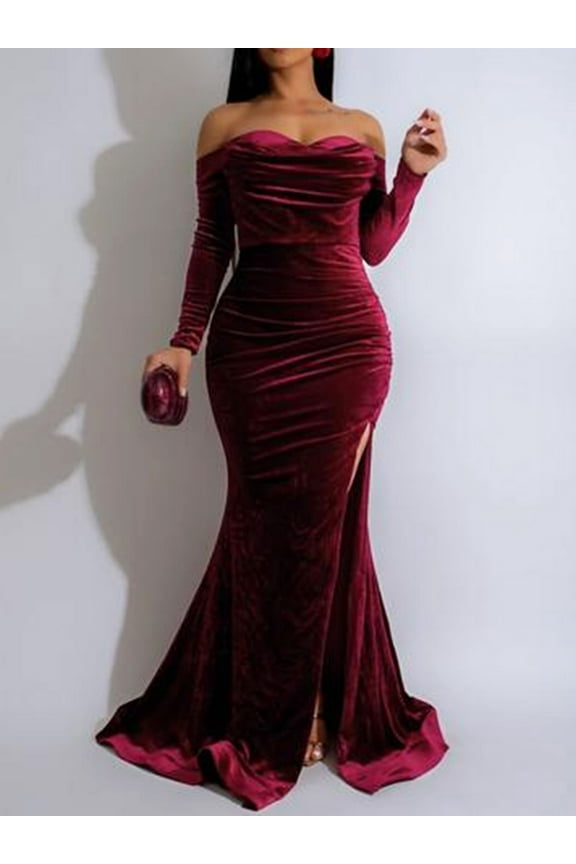 Women's Velvet Off Shoulder Long Sleeve Split Hem Maxi Dress, Elegant Formal Gown for Evening Party Wedding Guest