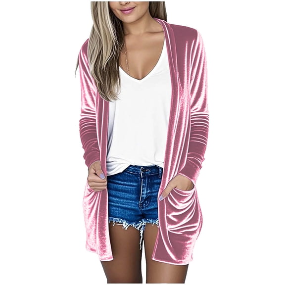 Women’s Velvet Open Front Cardigan Long Sleeve Lightweight Duster Jacket Elegant Dressy Casual Fall Outerwear with Pockets Vintage Style Coat,Pink,XL