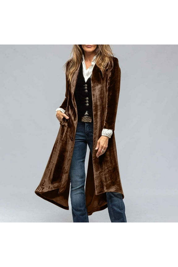 Women's Velvet Open Front Cardigan Long Trench Coat, Elegant Back High Slit Jackets with Pockets Party Dinner Outerwear Brown M